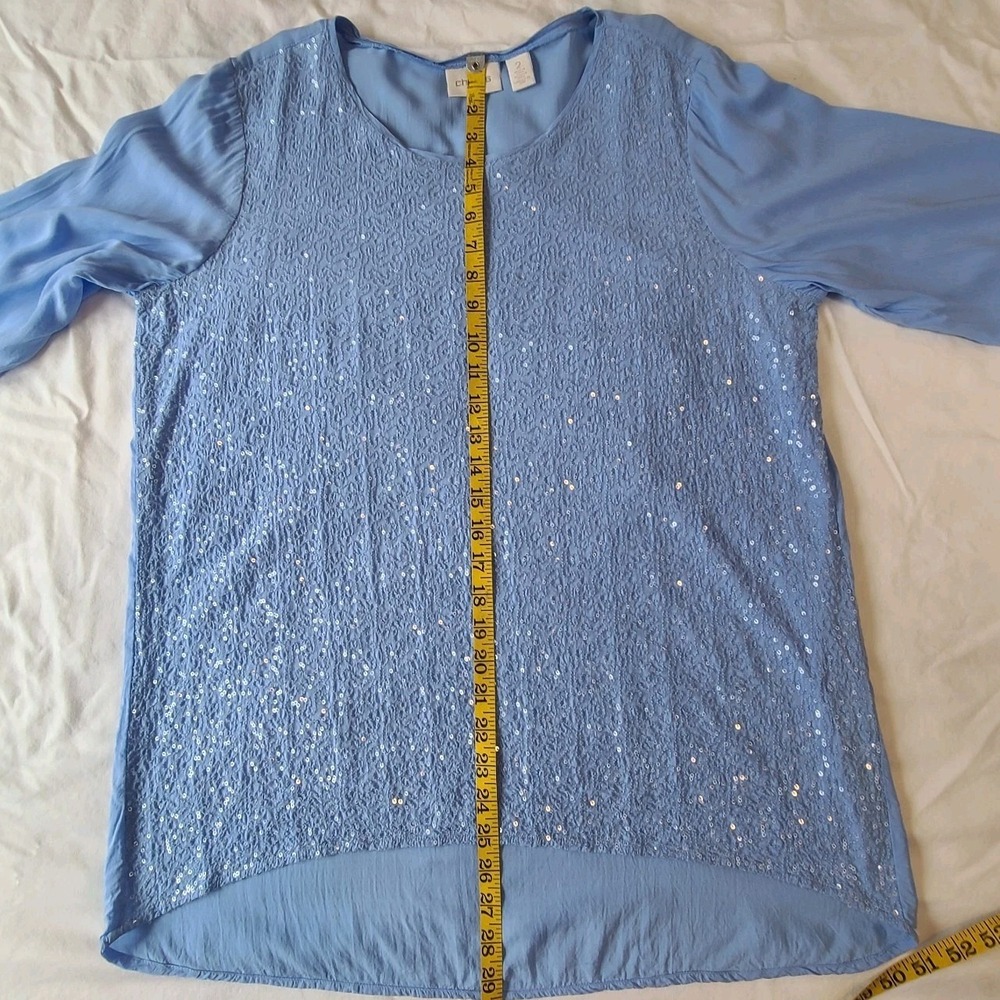 Chicos Sz 2 Resort Beach Vacation Hippie Boho Light Blue Sequin Sheer Tunic Top - Picture 5 of 11